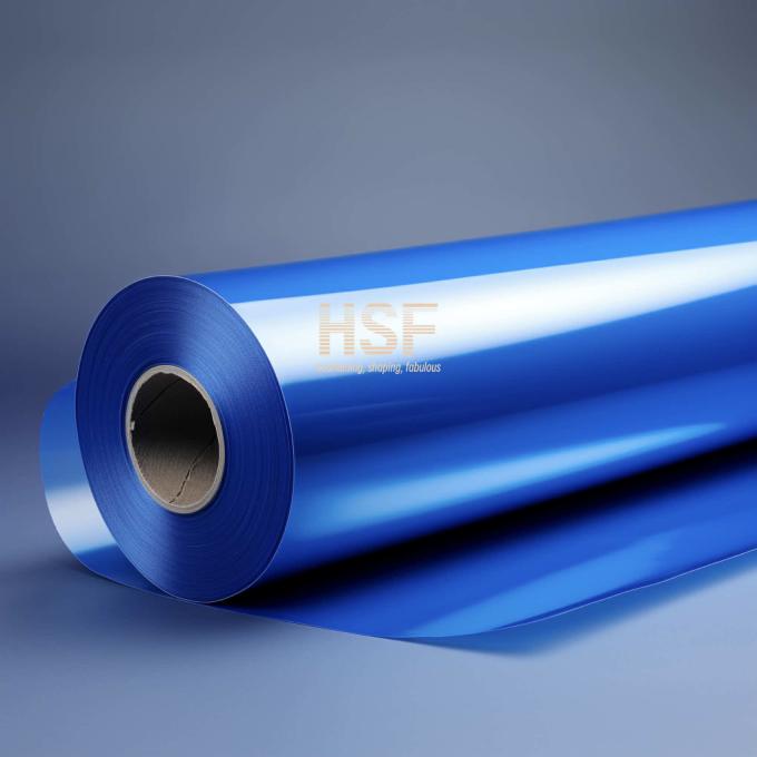 Close-up view of 75Î¼m Opaque Blue MOPP Silicone Release Film demonstrating thickness and opacity